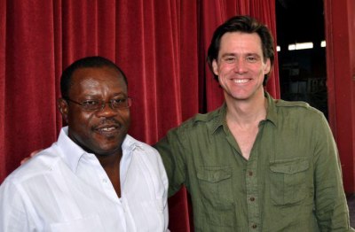 Minister of Agriculture of Haiti, Joanas Gué and Jim Carrey, after the closing ceremony of the 2 day National SRI Colloquium, in Montruis, Haiti, March 30, 2011
